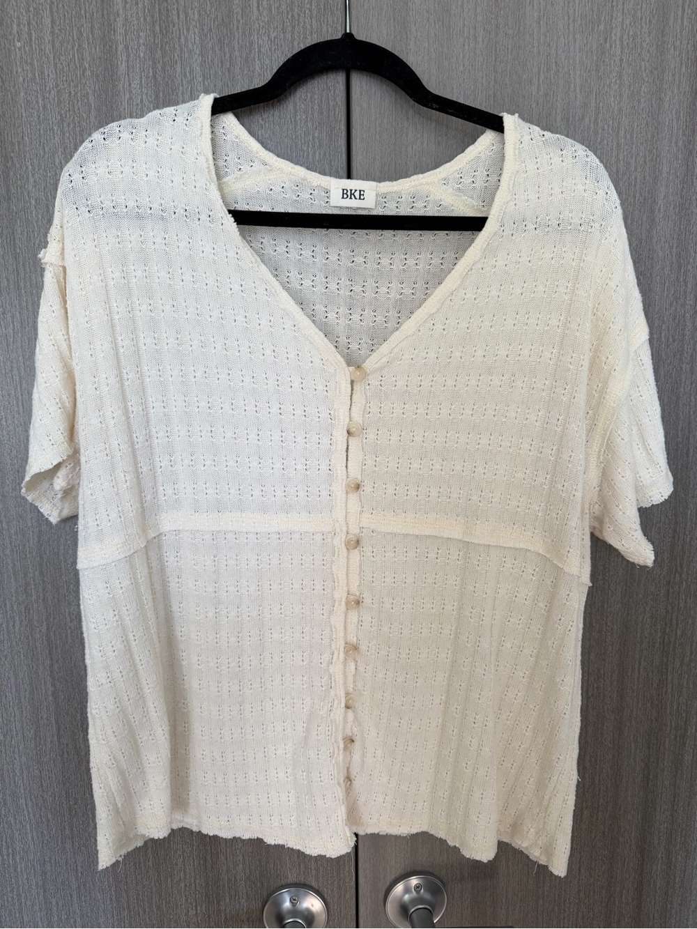 BKE Cream Button-Front Short Sleeve Knit Top